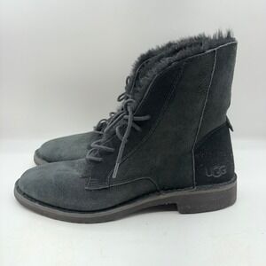 UGG Quincy Black Suede Fur Lined‎ Lace Up Ankle Boots Women's Size 9.5